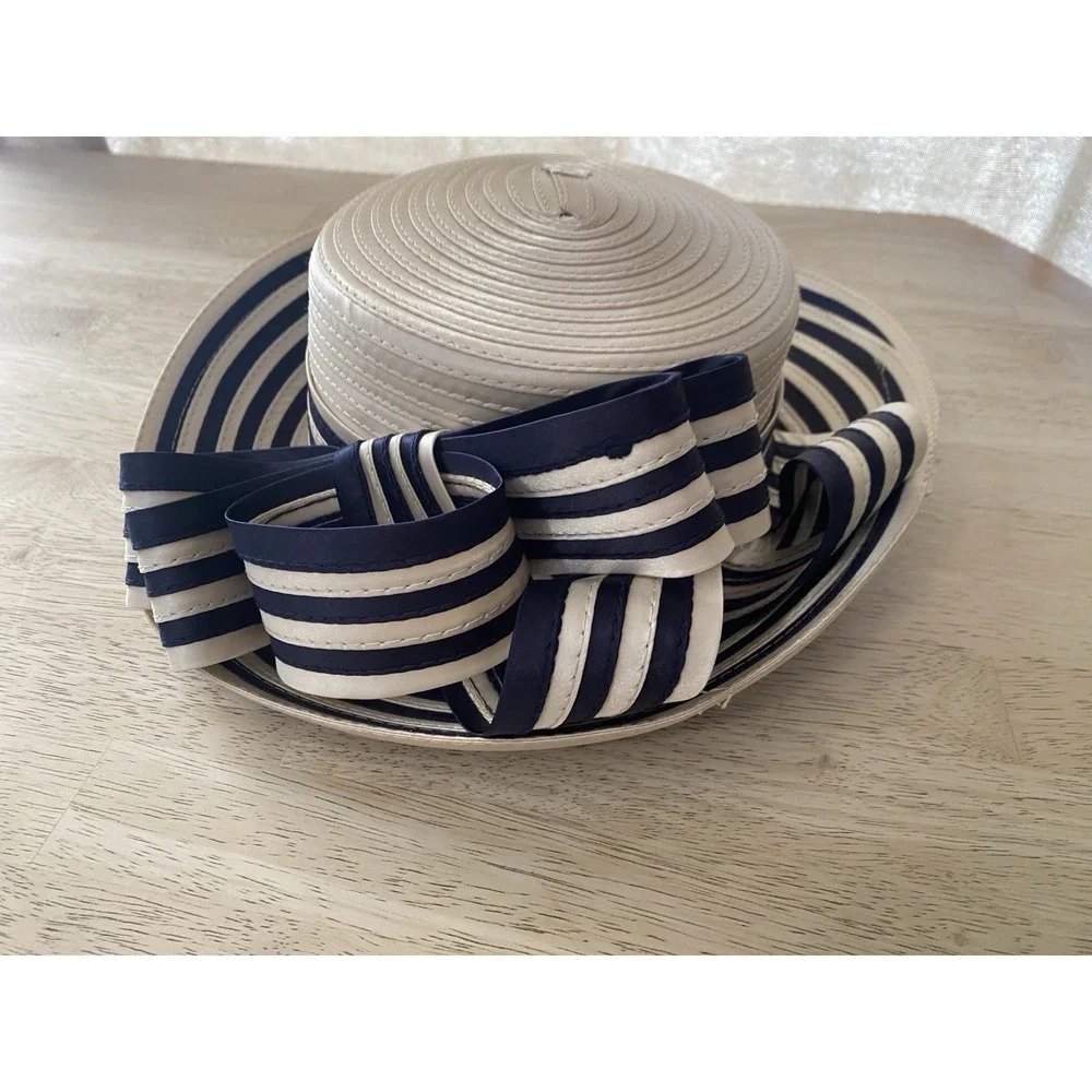 Vtg Cream Satin Ribbon Coiled Derby Hat Navy Stripe Bow Cocktail Tea Party 7" - Picture 2 of 11